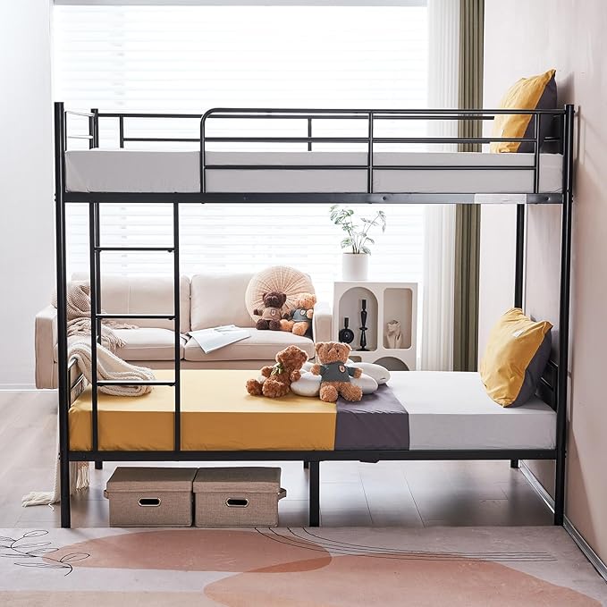 Karl home Black Bunk Bed Twin Over Twin, Metal Bunk Bed with Built-in Ladder and Safety Guardrail, Space-Saving Twin Bunk Beds for Kids, Teens & Adults, No Box Spring