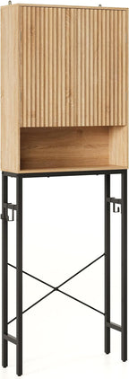 Toilet Storage Cabinet, Over The Rack Wood Cabinet with Metal Stand, Bathroom Organizer with Adjustable Shelf, Tall Freestanding Washer Shelf, Small Cupboard, Space Saver, Natural Style