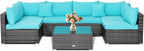 Tangkula 7 Pieces Patio Furniture Set, Patiojoy All-Weather Outdoor Rattan Sectional Sofa Set with Cushions and Tempered Glass Coffee Table, for Garden, Lawn, Backyard (Turquoise)