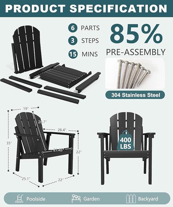 Adirondack Chair Set of 2, All Weather HDPE Fire Pit Chairs, Oversized Plastic Adirondack Chair for Outdoor, Balcony, Deck, Backyard, Patio, Garden, Poolside, Lawn Black
