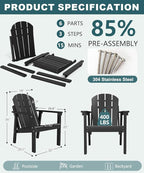 Adirondack Chair Set of 2, All Weather HDPE Fire Pit Chairs, Oversized Plastic Adirondack Chair for Outdoor, Balcony, Deck, Backyard, Patio, Garden, Poolside, Lawn Black