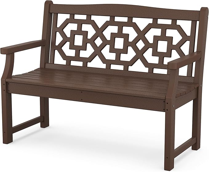 Martha Stewart by POLYWOOD Chinoiserie 48" Outdoor Bench for Patio, Porch & Backyard, Mahogany - Durable All-Weather HDPE Garden Seat with Back Support - Classic 2 Person Seating, Made in The USA