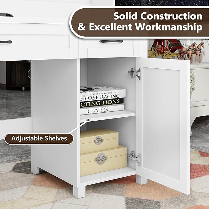 Vabches Farmhouse 47" Executive Desk, Computer Desks with 2 Drawers and Storage Cabinet, Home Office Desk with Hutch and Charging Station, Workspace for Work and Study. (Cream White)