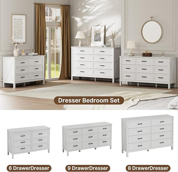 LYNSOM Farmhouse 9 Drawers Dresser for Bedroom, 55" Wide Wood Rustic Chest of Drawers with Natural Texture, Metal Handle, Storage Dressers Organizer for Entryway, Hallway, White