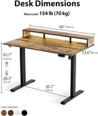 Electric Height Adjustable Standing Desk with Power Outlet and LED Light Strip, Sit to Stand, Ergonomic 48x24" Rising Desk with Memory Presets, Home Office Workstation, Computer Gaming Table, Brown
