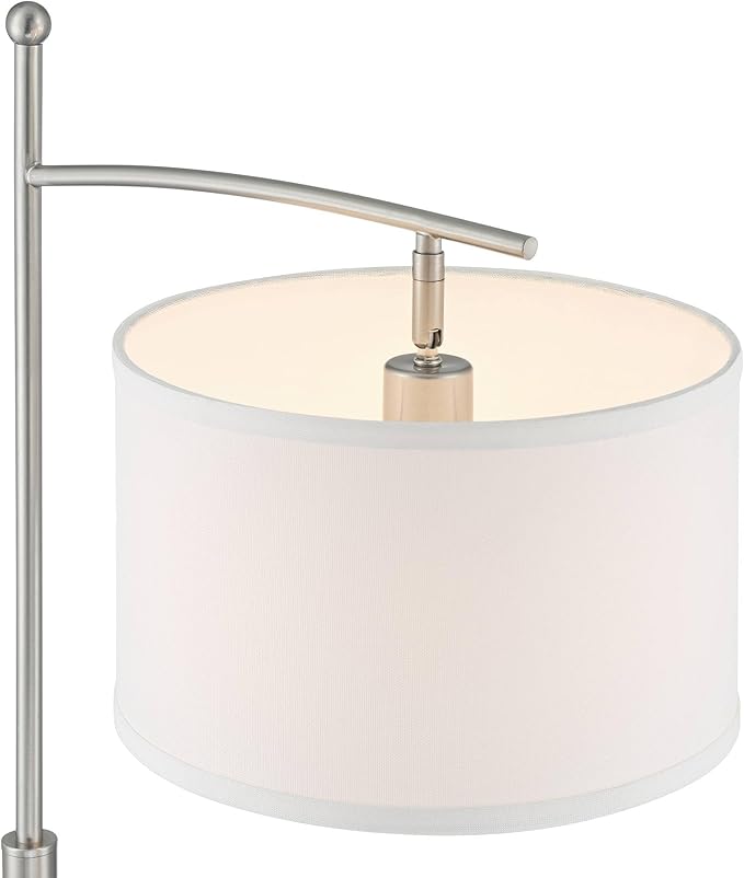 Possini Euro Design Burbank Modern 64" Tall Standing Floor Lamp Downbridge Pole Task Silver Metal Brushed Nickel Finish Living Room Bedroom House Reading Office Home Decor Entryway White Drum Shade