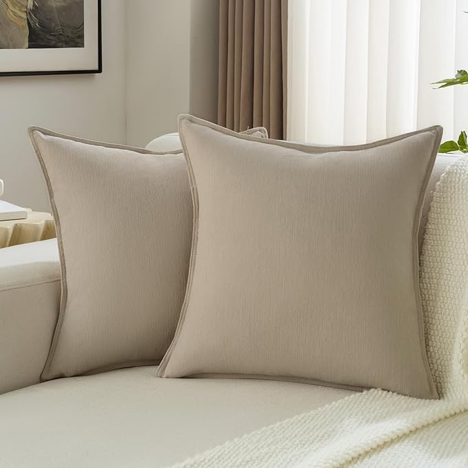 FUTEI Oatmeal Chenille Throw Pillow Covers 18x18 Inch Set of 2,Edges Double-Stitched Cushion Cases,Modern Home Decor for Couch Living Room