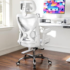 Office Home Ergonomic Desk Chair-Computer X-Shaped Chair Mesh PU Leather with Adjustable Lumbar Support-Executive Chair High Back with Headrest Flip-Up Arms for Long Hours (White)