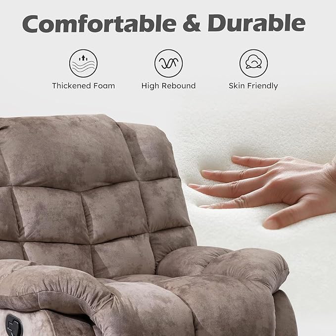 EBELLO Manual Recliner Chair, Overstuffed Reclining Sofa with Soft Padded Headrest and Armrest, Soft Fabric Single Couch for Living Room, Light Brown