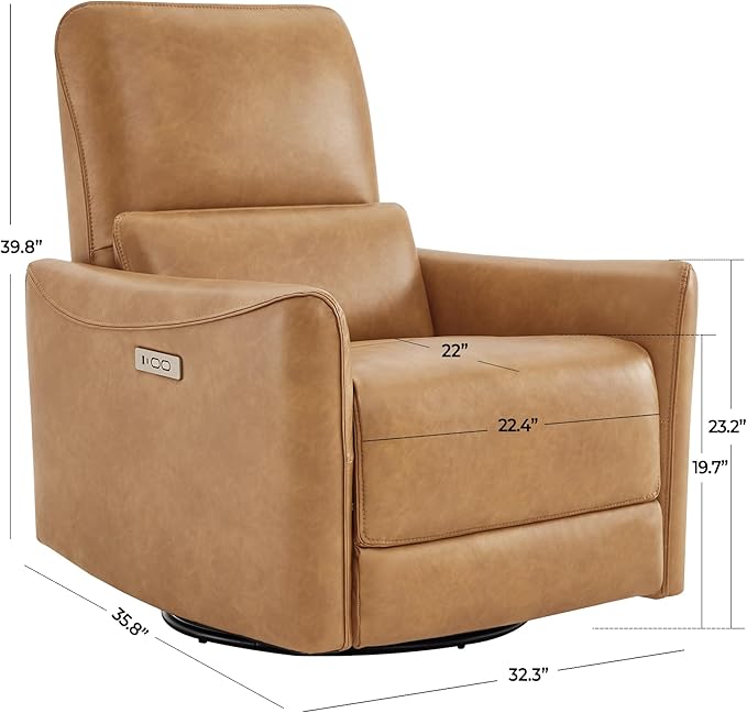 CHITA Power Recliner Chair Swivel Glider, FSC Certified Upholstered Faux Leather Living Room Nursery Reclining Sofa Chair with Lumbar Support, Cognac Brown