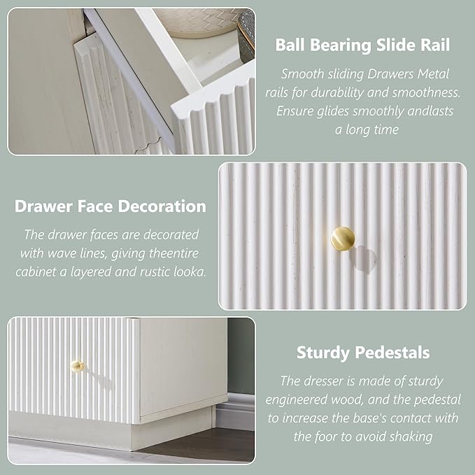 Fluted Dresser for Bedroom, 47" White 6 Drawer Dressers, Wood Tall Dresser Storage Organizer, Modern Chest of Drawers with Deep Storage for Closet Hallway, Entryway, Living Room, White