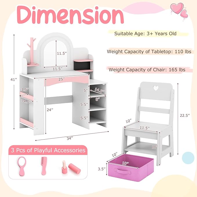 Costzon Kids Vanity, Girls Vanity Set with Lighted Mirror, Bookshelf, Jewelry Storage, Toddler Makeup Vanity Desk Dressing Table, Wooden Kids Vanity Table and Chair Set (White)