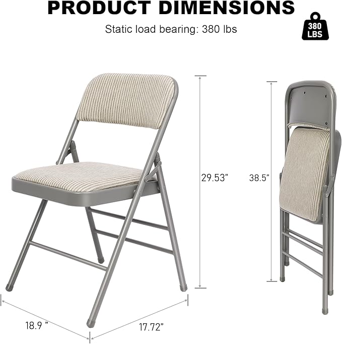 12 Pack Folding Chairs Fabric Dining Chair Set with Padded Cushion and Back, Indoor Outdoor Foldable Seat with Steel Frame for Home Office Events Wedding Party, Oatmeal Strip Seating