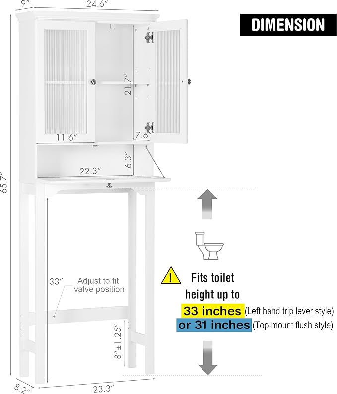 Spirich Over The Toilet Storage Cabinet with Muro Glass Doors, Over Toilet Bathroom Organizer with Tilt-Out Cube and Adjustable Shelf, White