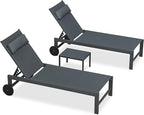 PURPLE LEAF Patio Lounge Chair Set of 3 Outdoor Chaise Lounger Aluminum Frame with Side Table and Wheels for Pool Outside Sunbathing Tanning Recliner Including Pillows Gray