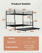 Full XL Over Queen Bunk Bed with Trundle, Heavy-Duty Queen Bunk Bed with with Safety Ladder and Full-Length Guardrail, Convertible to 3 Beds for Teens and Adults, Black