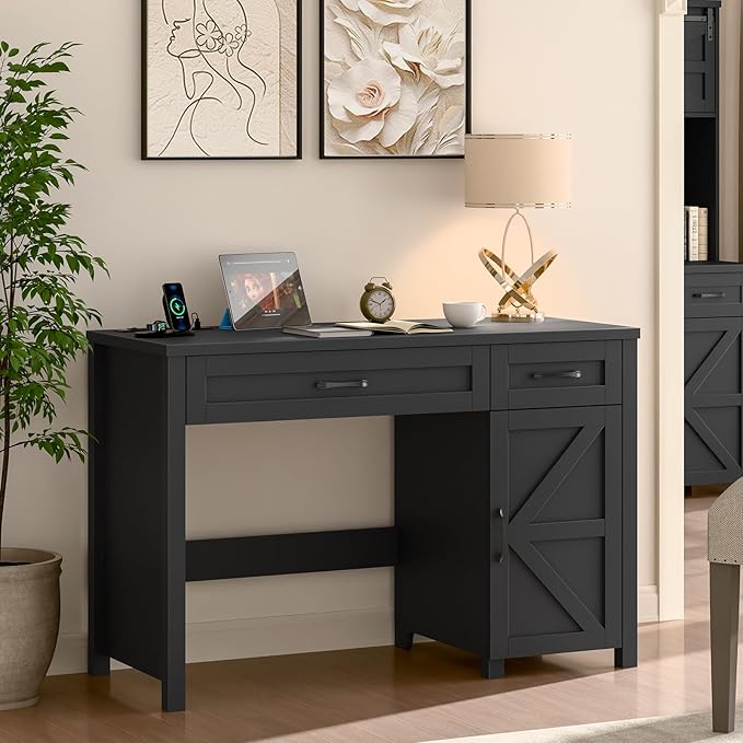 Farmhouse 47" Executive Desk, Computer Desk with Drawers and Storage Cabinet, Workstation Computer Desk for Home Office, Study.Pure Black