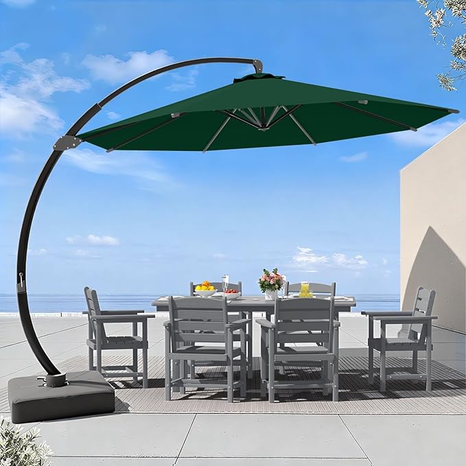 7 Piece Patio Dining Set with 11ft Patio Umbrella (Dark Green), 7 Gray Outdoor HDPE Dining Set with 6 Chairs + 1 Large Table, for Market, Pool, Garden, Backyard, Deck