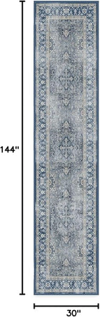 RUGGABLE Washable Vintage Runner Rug – Kamran Admiral Blue 2.5x12, Stain-Resistant, Non-Slip Hallway Runner – Machine Washable Rug for Hallway, Entryway, Living Room & Kitchen–with Standard Pad
