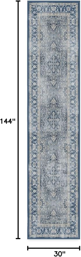 RUGGABLE Washable Vintage Runner Rug – Kamran Admiral Blue 2.5x12, Stain-Resistant, Non-Slip Hallway Runner – Machine Washable Rug for Hallway, Entryway, Living Room & Kitchen–with Standard Pad