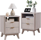 T4TREAM Fluted Nightstand Set of 2 with Charging Station, 18" Modern Side Table with 2 Drawer, End Table w/Storage, Bedside for Bedroom, Living Room, Curved Profile Design, White Alder