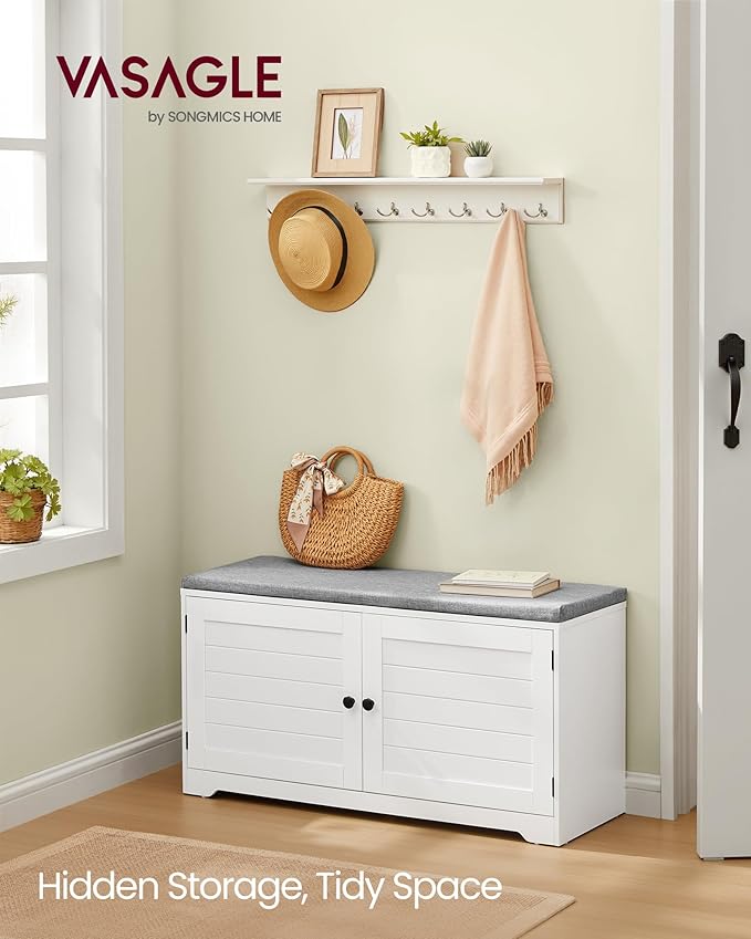 VASAGLE Shoe Storage Bench with Cushion, 3-Tier Entryway Bench with Padded Seat, Doors, Adjustable Shelves, 14 x 39.8 x 20.7 Inches, for Hallway, Bedroom, Cloud White and Dove Gray ULSB044W01