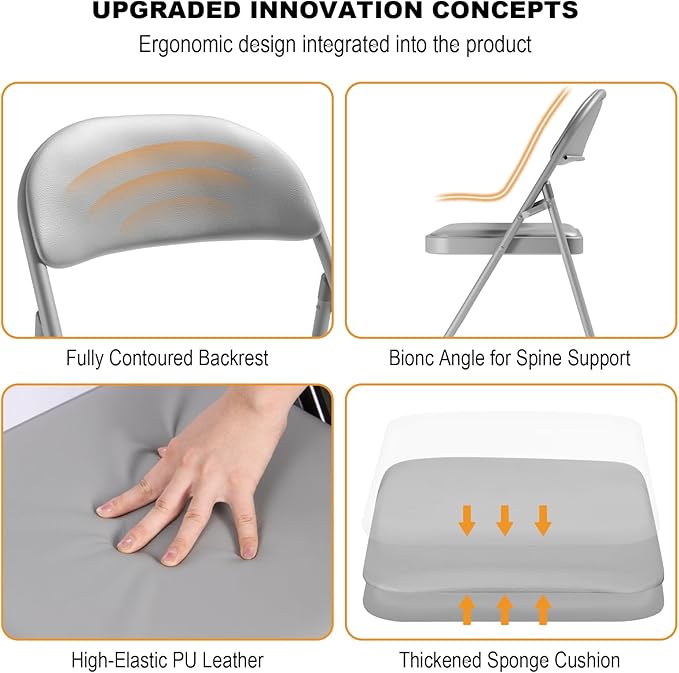 18 Pack Gray Folding Chairs with Padded Cushion for Outside, Portable Stackable Commercial Metal Foldable Chairs with Steel Frame for Home Events Office Wedding Party, 350lbs Capacity