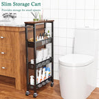 Slim Storage Cart 4 Tier Narrow Kitchen Rolling Cart on Wheels for Small Space, Mobile Utility Cart Shelving Unit with Wooden Top and Metal Handle for Kitchen, Bathroom, Laundry Room
