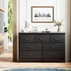 Black Dresser for Bedroom, Modern Style 7 Drawer Dresser with Vintage Gold Antique Handles, Chest of Drawers for Bedroom, Antique Black