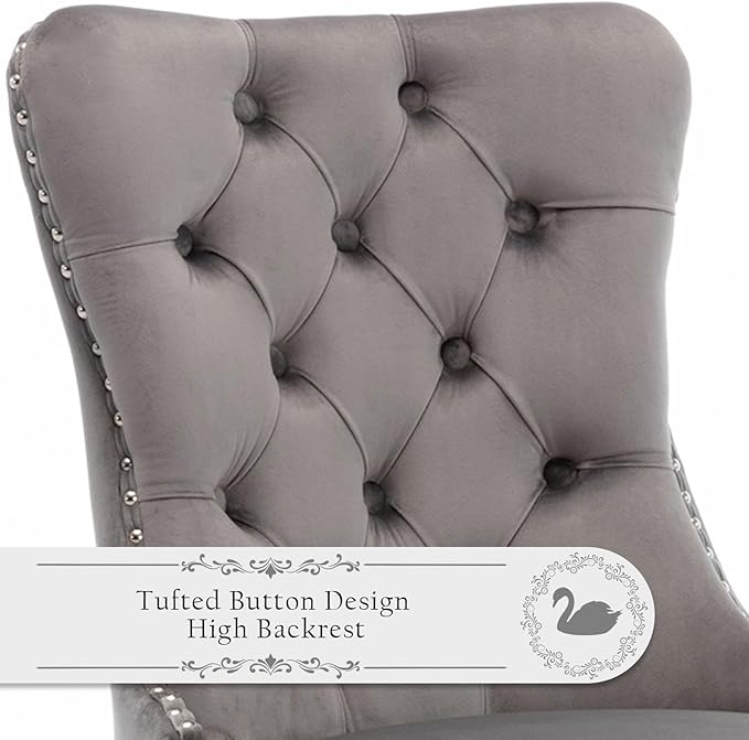 Velvet Upholstered Dining Chairs Set of 8, Modern Style Kitchen Side Chairs with Nailhead Trim and Silver Plated Leg, Metal Pulling Ring for Dining Room Living Room(Grey)