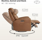 CHITA Leather Power Swivel Recliner Chair for Adults, Triple Motor Electric Rocker Recliner for Living Room with Adjustable Headrest and Lumbar Support, USB & Type-C Charging Ports, Saddle Brown