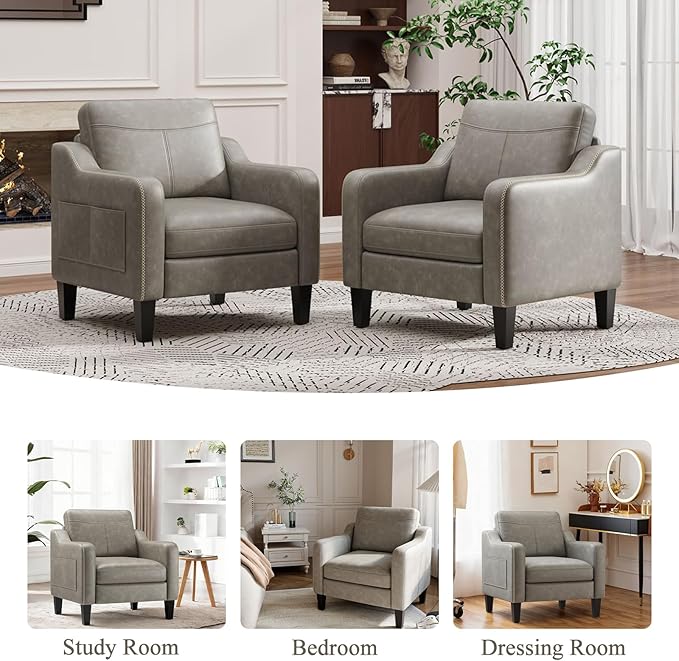 PU Leather Accent Chair, Mid-Century Modern Living Room Armchair Sofa with Removable Cushions, Solid Wood Frame & Stitched Armrest Design, Bedroom Chair with Plastic Legs, Grey