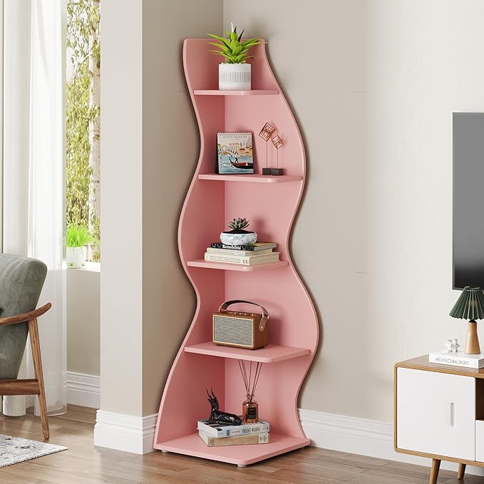 Tribesigns Corner Shelf, Modern 5-Tier Wall Corner Bookshelf, Stylish Corner Small Bookcase Storage Rack Plant Stand with Unique Shape for Living Room, Home Office (Pink, 1PC)