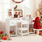 Arlopu Kids Vanity Set, 2 in 1 Toddler Makeup Dressing Table and Chair Set w/Detachable Tri-fold Mirror, Open Shelves, Princess Wooden Pretend Play Desk Furniture Toy for Little Girl (White)
