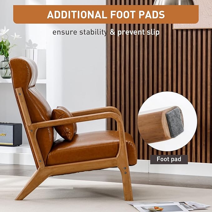ANJHOME Mid Century Modern Accent Chair with High Back, Single Lounge Armchair with Solid Wood Frame, Comfy Reading Chair for Living Room, Easy Assembly