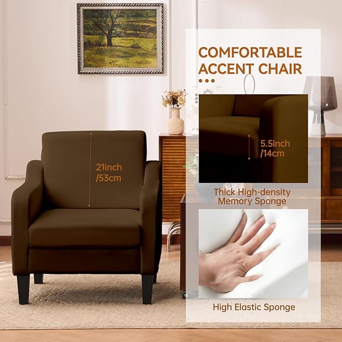 Accent Chair for Living Room, Modern Velvet Living Room Chairs with Wide Backrest, Upholstered Comfy Chair with Cushion, Oversized Sofa Chairs with Wood Legs, Single Armchairs, Brown