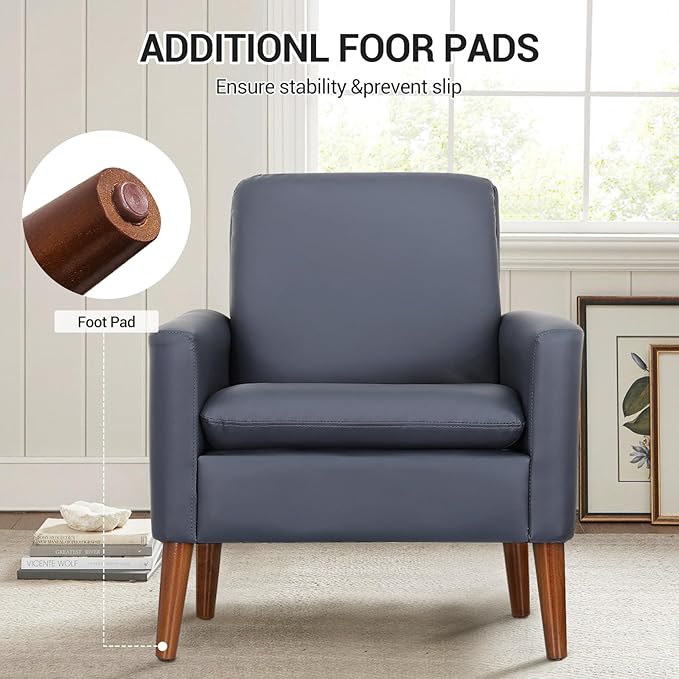 Lohoms Faux Leather Accent Chair for Living Room, Mid-Century Modern Comfy Reading Leisure Chairs for Bedroom, Upholstered Armchair for Apartment/Office/Waiting Room, Wood Legs, Dark Blue
