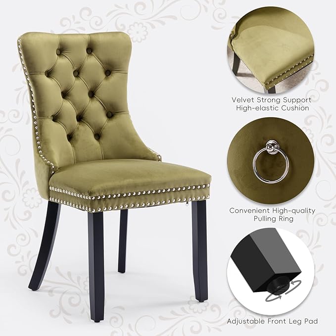 Velvet Upholstered Dining Chairs Set of 4, Modern Style Kitchen Side Chairs with Nailhead Trim and Wood Legs,Metal Pulling Ring for Dining Room Living Room(Olive Green,Set of 4)
