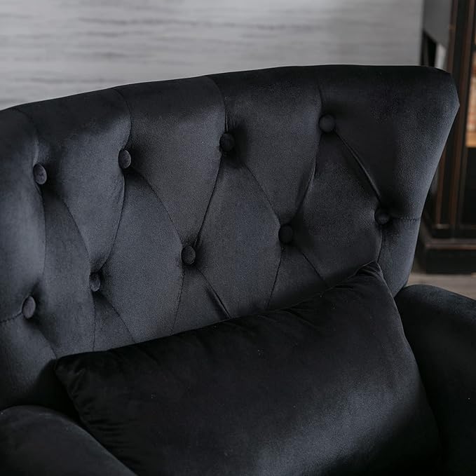 Accent Reading Arm Chairs for Living Room Bedroom, Midcentury Modern Comfy Corner Sofa Chair, Wingback Waiting Room Club Chair with Button Tufted Back &Lumbar Pillow, Velvet Black