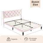 Queen Size Platform Bed Frame with Velvet Upholstered Headboard and Sturdy Wooden Slats Support,Mattress Foundation，Easy Assembly, No Box Spring Needed,Slip Resistant (Pink, Queen)