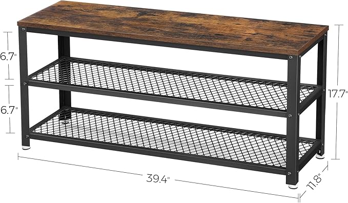 VASAGLE 3-Tier Shoe Rack, Shelf Storage Bench with Metal Mesh Shelves and Seat, Free Standing Shoe Organizer for Entryway, 11.8 x 39.4 x 17.7 Inches, Rustic Brown and Black ULBS078B01