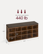 VASAGLE CUSTOS Collection - Shoe Bench, Storage Bench with Padded Seat, Entryway Bench with 15 Compartments, for Bedroom, 11.8 x 41.3 x 18.9 Inches, Rustic Brown and Chestnut Brown ULHS15BX