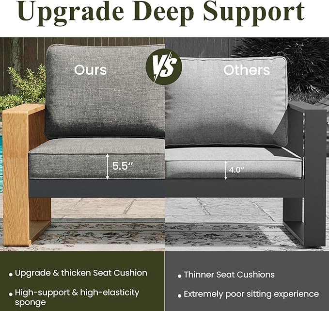 LayinSun 4 Pieces Aluminum Patio Furniture Set with Coffee Table, Oversized Seat with Hight Back, Outdoor Conversation Sets for Porch, Balcony, Deck