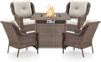Outdoor Patio Chairs with Fire Pit Table 5 Piece Set - High Back Brown Wicker Rattan Lawn Chair with Thick Cushion for Porch Apartment Deck Yard Poolside Garden - Beige