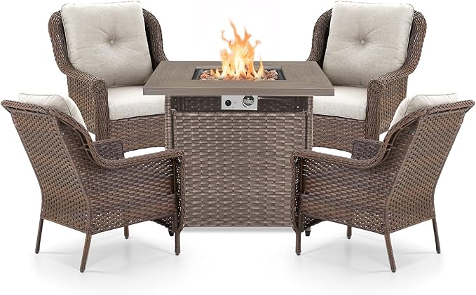 Outdoor Patio Chairs with Fire Pit Table 5 Piece Set - High Back Brown Wicker Rattan Lawn Chair with Thick Cushion for Porch Apartment Deck Yard Poolside Garden - Beige