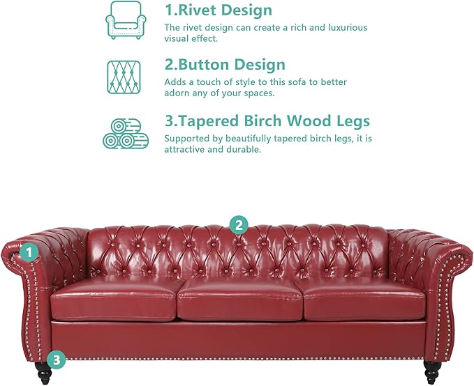 Home Sofa Living Room Furniture, 3 Seater Leather Upholstered Sofa Couch, Modern Comfy Couch with Faux Leather Cushions, Mid Century Tufted Chesterfield Sofas for Bedroom, Office, Apartment (Wine Red)