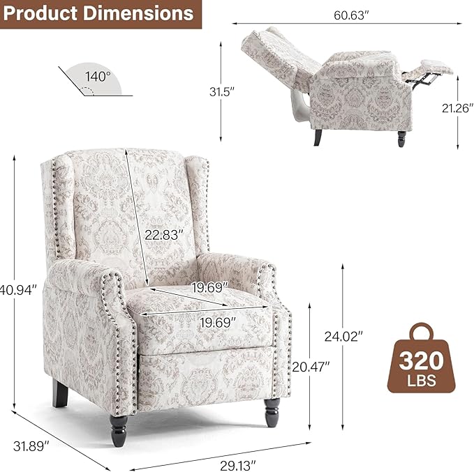 Wingback Recliner Chair Set of 2, Floral Fabric Pushback Recliner Chair, Upholstered Armchair Push Back Recliner, Rivet Trim Single Sofa Accent Chair with Wood Legs for Living Room, Beige