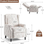 Wingback Recliner Chair Set of 2, Floral Fabric Pushback Recliner Chair, Upholstered Armchair Push Back Recliner, Rivet Trim Single Sofa Accent Chair with Wood Legs for Living Room, Beige