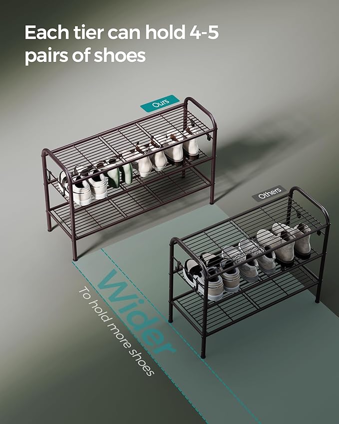 SONGMICS Shoe Rack, 3-Tier Shoe Organizer, Metal Shoe Shelf Storage with 4 Side Hooks, Holds 15 Pairs of Shoes, Height-Adjustable Shoe Rack for Entryway, Hallway, Closet, Easy Assembly, Chestnut Brown