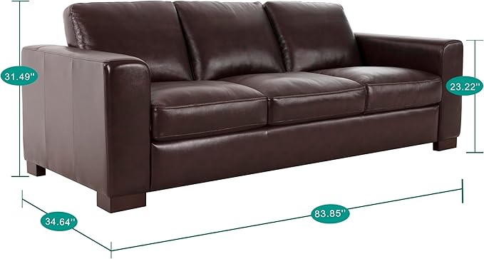 Naomi Home Freya Genuine Leather Sofa - Luxurious Comfort, Goose Feather Cushion Filling, Square Arm Design, Sturdy Block Legs, Elegant Espresso - Ideal for Living Room, Office, or Bedroom